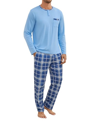 Atforna Schlafanzug Herren Lang Karierten Pyjama Set Winter Baumwolle Zweiteiliges Set, Rundhals Langarm Oberteile und Karierter Hose, Leicht Blau, XL von Atforna