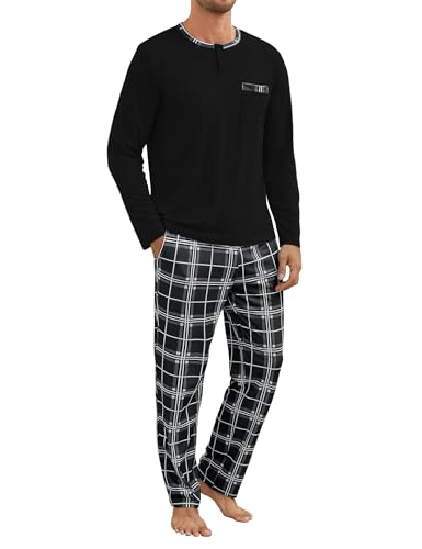 Atforna Schlafanzug Herren Lang Karierten Pyjama Set Winter Baumwolle Zweiteiliges Set, Rundhals Langarm Oberteile und Karierter Hose, Schwarz, XL von Atforna