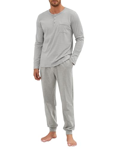 Atforna Schlafanzug Herren Lang Pyjama Baumwolle Nachtwäsche Zweiteilige Set Langarm Shirt und Pyjamahose für Männer Hellgrau + Weiß 3XL von Atforna