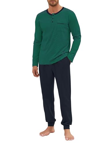 Atforna Schlafanzug Herren Lang Pyjama Baumwolle Zweiteilig Nachtwäsche mit Knopfleiste Lounge Set für Herbst Winter Dunkelblau + Grün M von Atforna
