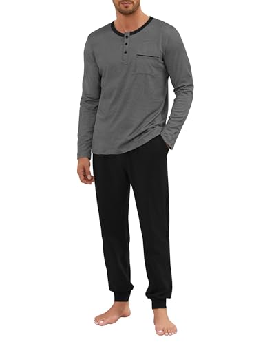 Atforna Schlafanzug Herren Lang Pyjama Baumwolle Zweiteilig Nachtwäsche mit Knopfleiste Lounge Set für Herbst Winter Schwarz + Grau XXL von Atforna