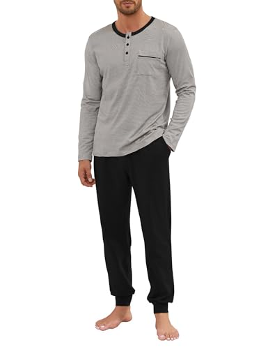 Atforna Herren Schlafanzug Lang Pyjama Baumwolle Zweiteilige Pyjamas Warm Loungewear Langarmshirt und Schlafanzughose Kaffee + Weiß L von Atforna