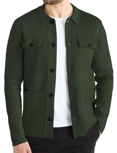 Atforna Strickjacke Herren Lässig Feinstrick Jacke Mehrere Taschen Reverskragen Button-Down Langarm Pullover Cardigan Herbst Winter 2024 Armeegrün XL von Atforna