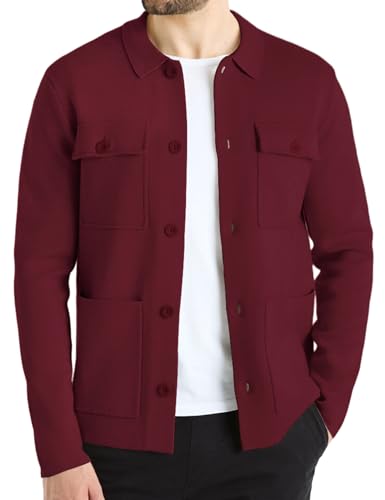 Atforna Strickjacken Herren Pullover Cardigan Gestrickt Jacke Sweatjacke Langarm Strickpullover Lässig Strick Mantel mit Knöpfe und Taschen für Herbst und Winter Weinrot XXL von Atforna