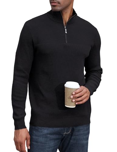 Atforna Strickpullover Herren Regular Fit Troyer Grobstrick Pullover Lässige Strickpulli mit Stehkragen und Reißverschluss Weich Seemannspullover für Herbst Winter, Schwarz, M von Atforna