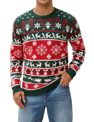 Atforna Weihnachtspullover Herren Ugly Christmas Sweater Lustig Weihnachtspulli Rundhals Strickpullover mit Schneeflocke Weich Christmas Jumper Langarm Pullover für Weihnachten Party Grün L von Atforna