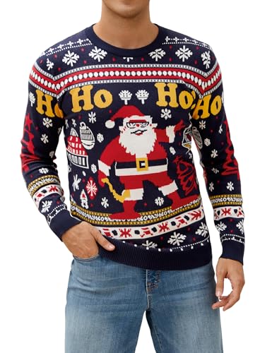 Atforna Weihnachtspullover Herren Weihnachtspulli Ugly Christmas Sweater Lustige Strickpullover mit Weihnachtsmann Männer Weihnachts Pullover mit Rundhalsausschnitt Marineblau XL von Atforna