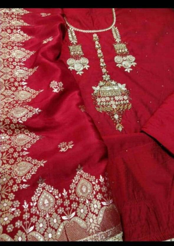 Atharva Hand Bestickt Salwar Kameez Reds/Besticktes Chanderi Shirt/Banarasi Seide Dupatta/Custom Stitch Unstitch/Custom Anarkali/Ch1670 von AtharvaHandloom