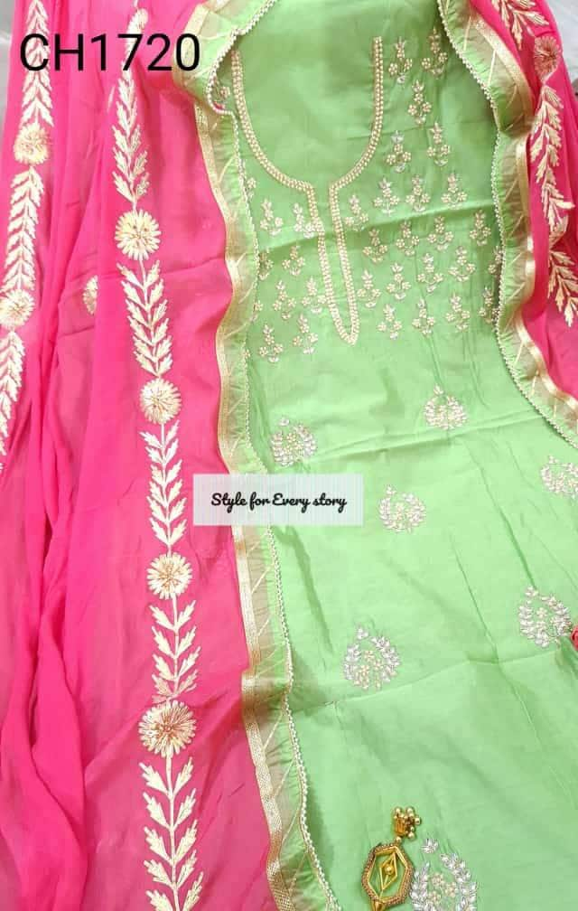 Atharva Hand Bestickter Salwar Kameez Mit Stickerei Jaal Grün Gota Patti Chiffon Dupatta/Custom Stitch Tunika Hose Patiala Ch1720 von AtharvaHandloom