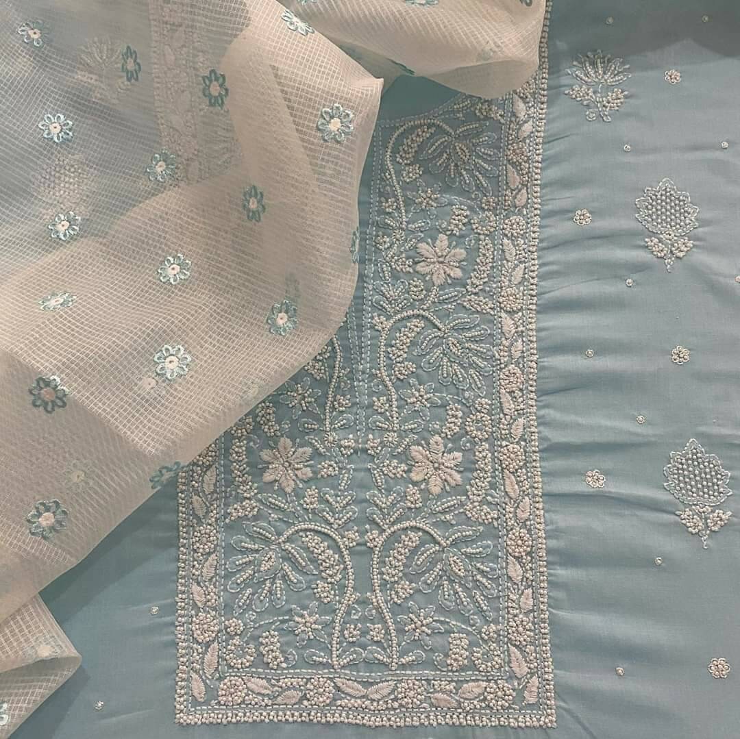 Atharva Handstickerei Salwar Kameez/Lucknowi Stickerei Himmelblau Shirt & Kota Dupatta Wunschstickerei Unstich Geschenk Plazzo Luck06 von AtharvaHandloom