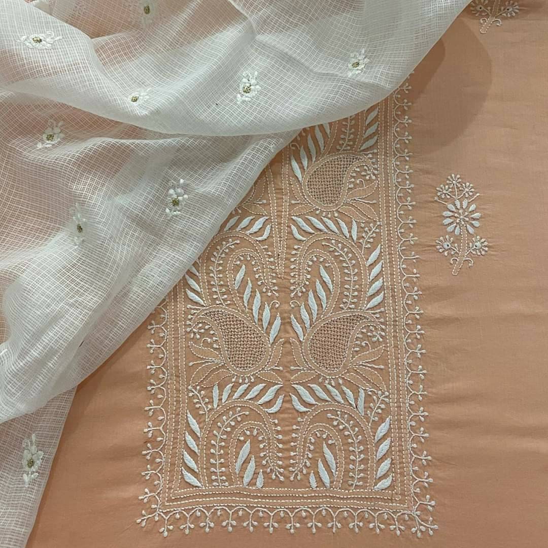 Atharva Handstickerei Salwar Kameez Peach Off White/Lucknowi Chikankari/Kota Doria Embroidery Dupatta/Custom Stitch Unstitch/Gift/Luck01 von AtharvaHandloom