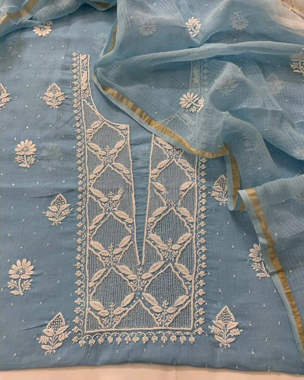 Atharva Stickerei Salwar Kameez/Hellblau/Lucknowi Shirt/Stickerei Baumwolle Kota Dupatta/Custom Stitch Unstitch/Geschenk/Luck11 von AtharvaHandloom