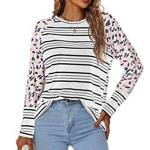 Athebalove Damen Langarmshirt Gestreifte Pullover mit Rundhals Leopardenmuster Sweatshirts,Weiß,M von Athebalove