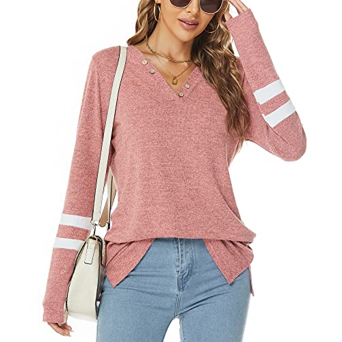 Shirt Damen Langarm Softes Langarmshirt lässigem Frauen Farbblock Damenshirt Knopf Pullover,Ziegelrot,L von Athebalove