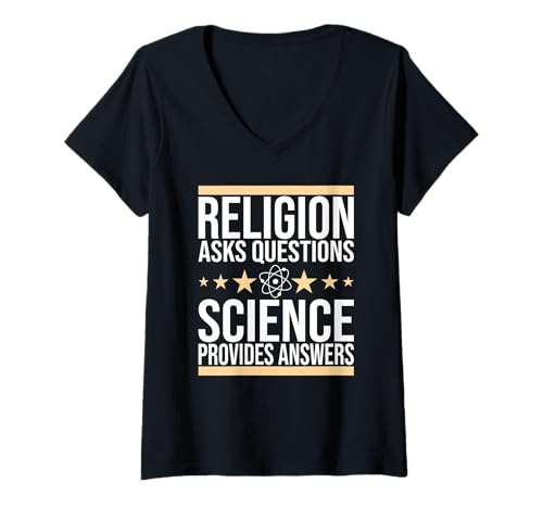 Damen Wissenschaft, Religion stellt Fragen, Wissenschaft gibt Antworten T-Shirt mit V-Ausschnitt von Atheist, Religion asks questions, science provides