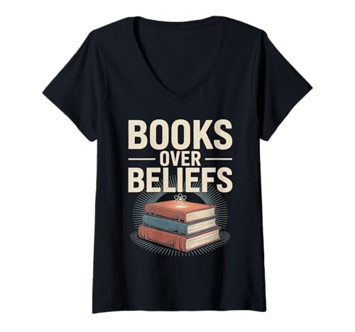 Damen Bücher über Überzeugungen stapeln Wissen und Wissenschaft T-Shirt mit V-Ausschnitt Damen Bücher über Überzeugungen stapeln Wissen und Wissenschaft T-Shirt mit V-Ausschnitt von Atheist Agnostic Knowledge Science Book Lover