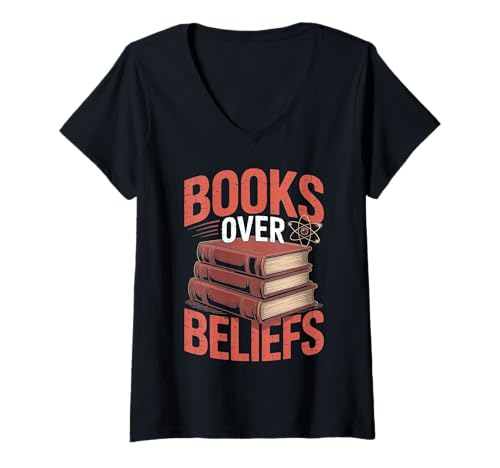 Damen Bücher über Überzeugungen stapeln Wissen und Wissenschaft T-Shirt mit V-Ausschnitt Damen Bücher über Überzeugungen stapeln Wissen und Wissenschaft T-Shirt mit V-Ausschnitt von Atheist Agnostic Knowledge Science Book Lover