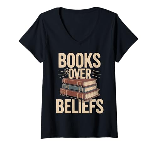 Damen Bücher über Überzeugungen stapeln Wissen und Wissenschaft T-Shirt mit V-Ausschnitt Damen Bücher über Überzeugungen stapeln Wissen und Wissenschaft T-Shirt mit V-Ausschnitt von Atheist Agnostic Knowledge Science Book Lover