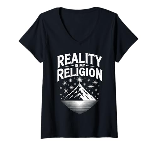 Damen Die Realität ist Meine Religion, Motiv: Sonnenuntergang am Berg T-Shirt mit V-Ausschnitt Damen Die Realität ist Meine Religion, Motiv: Sonnenuntergang am Berg T-Shirt mit V-Ausschnitt von Atheist Agnostic Reality Belief Mountain Apparel