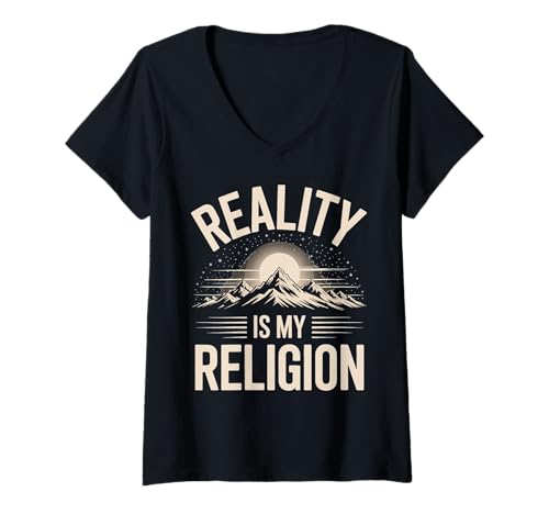 Damen Die Realität ist Meine Religion, Motiv: Sonnenuntergang am Berg T-Shirt mit V-Ausschnitt von Atheist Agnostic Reality Belief Mountain Apparel