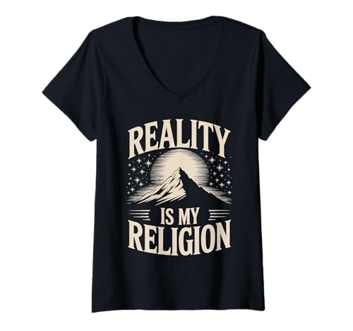 Damen Die Realität ist Meine Religion, Motiv: Sonnenuntergang am Berg T-Shirt mit V-Ausschnitt Damen Die Realität ist Meine Religion, Motiv: Sonnenuntergang am Berg T-Shirt mit V-Ausschnitt von Atheist Agnostic Reality Belief Mountain Apparel