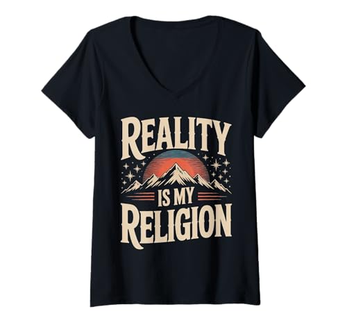 Damen Die Realität ist Meine Religion, Motiv: Sonnenuntergang am Berg T-Shirt mit V-Ausschnitt Damen Die Realität ist Meine Religion, Motiv: Sonnenuntergang am Berg T-Shirt mit V-Ausschnitt von Atheist Agnostic Reality Belief Mountain Apparel