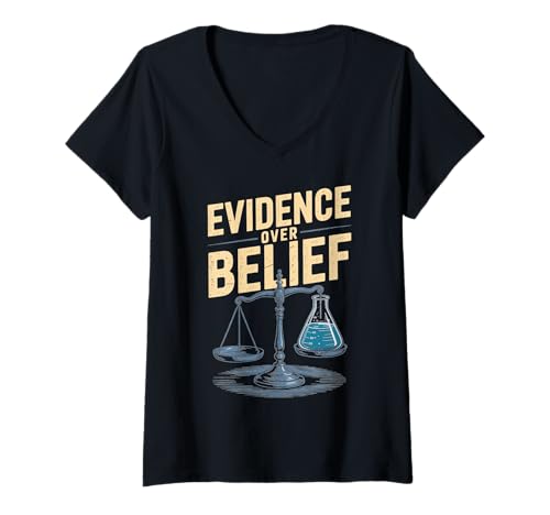 Damen Beweis über Glauben Skalen und Becherdesign T-Shirt mit V-Ausschnitt von Atheist Agnostic Science Rational Inquiry Apparel