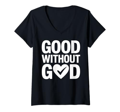 Damen „Gut ohne Gott“, mutiges Herzmotiv T-Shirt mit V-Ausschnitt Damen „Gut ohne Gott“, mutiges Herzmotiv T-Shirt mit V-Ausschnitt von Atheist Agnostic Secular Humanist Apparel