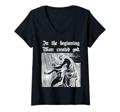 Damen Lustiger Nerd: Am Anfang schuf der Mensch den Gott Gothic White T-Shirt mit V-Ausschnitt von Atheist Humanist Rational Tees