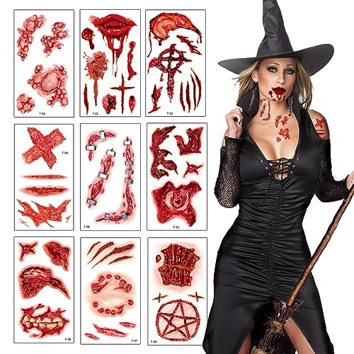 10 Blatt Halloween Tattoo,Gesicht Narben Tattoos,Halloween Schminke Blut Temporäre Tattoos Wasserdicht Horror Gefälschter Wundaufkleber Zombie Scar Makeup Tattoo Für Halloween Party Makeup Requisiten von Athem