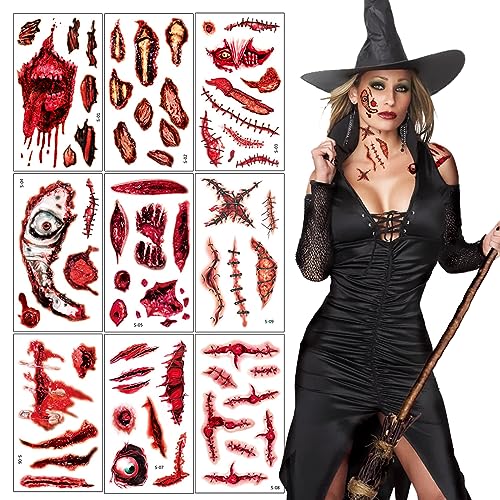 10 Blatt Halloween Tattoo,Gesicht Narben Tattoos,Wunden zum Aufkleben Halloween Schminke Blut Temporäre Tattoos Wasserdicht Horror Halloweendeko für Zombie Makeup Cosplay Party von Athem