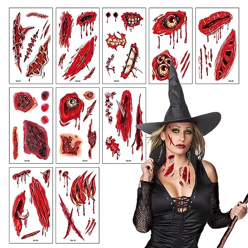 10 Blatt Halloween Tattoo,Gesicht Narben Tattoos,Wunden zum Aufkleben Halloween Schminke Blut Temporäre Tattoos Wasserdicht Horror Halloweendeko für Zombie Makeup Cosplay Party von Athem