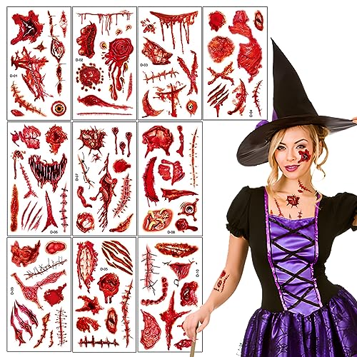 10 Blatt Halloween Tattoo,Gesicht Narben Tattoos Halloween Schminke Blut Temporäre Tattoos Wasserdicht Horror Gefälschter Wundaufkleber Zombie Scar Makeup Tattoo Für Halloween Party Makeup Requisiten von Athem