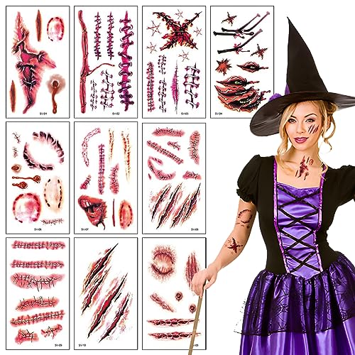 10 Blatt Halloween Tattoo,Gesicht Narben Tattoos Wunden zum Aufkleben Halloween Schminke Blut Temporäre Tattoos Wasserdicht Horror Halloweendeko für Zombie Makeup Cosplay Party von Athem