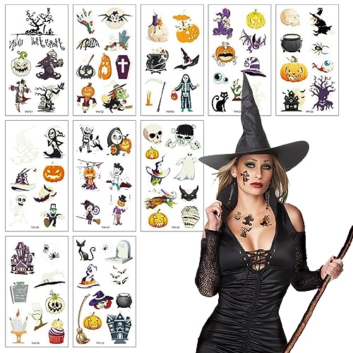 10 Pcs Halloween Tattoo Kinder, Leuchten im Dunkeln Halloween Temporäre Tattoos, wasserdichte Kürbis Ghost Spinnen Tattoo Leuchtend Tattoos Sticker für Halloweenparty Dekoration Zubehör von Athem