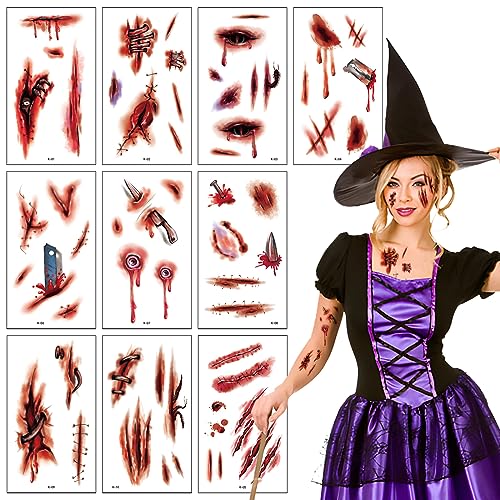 10Blatt Halloween Tattoo,Gesicht Narben Tattoos,Wunden zum Aufkleben Halloween Schminke Blut Temporäre Tattoos Wasserdicht Horror Halloweendeko für Zombie Makeup Cosplay Party von Athem