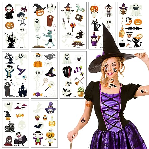 10Pcs Halloween Tattoo Kinder, Leuchten im Dunkeln Halloween Temporäre Tattoos, wasserdichte Kürbis Ghost Spinnen Tattoo Leuchtend Tattoos Sticker für Halloweenparty Dekoration Zubehör von Athem