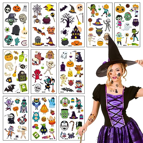 11Pcs Halloween Temporäre Tattoos,Tattoo Kinder Wasserdichte Kindertattoos Aufkleber für Halloweenparty Kindergeburtstag Mitgebsel,Hexen Schädel Gruselig Karneval Party Prop Deko von Athem