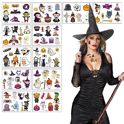 12 Pcs Halloween Temporäre Tattoos,Tattoo Kinder Wasserdichte Kindertattoos Aufkleber für Halloweenparty Kindergeburtstag Mitgebsel,Hexen Schädel Gruselig Karneval Party Prop Deko von Athem