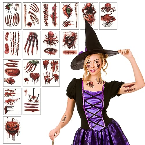 16 Blatt Halloween Tattoo,Gesicht Narben Tattoos,Halloween Schminke Blut Temporäre Tattoos Wasserdicht Horror Gefälschter Wundaufkleber Zombie Scar Makeup Tattoo Für Halloween Party Makeup Requisiten von Athem