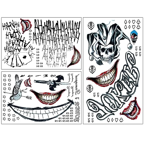3 Pcs Halloween Clown Temporäre Tattoo,Halloween Tattos,Joker Tattoos Suicide Squad Abziehbar Cosplay Aufkleber für Halloween Horror Night Maskerade Cosplay Thema Party, Unisex-Erwachsene（20 * 30cm） von Athem