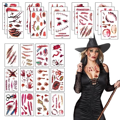 30 Blatt Halloween Tattoo,Gesicht Narben Tattoos,Halloween Schminke Blut Temporäre Tattoos Wasserdicht Horror Gefälschter Wundaufkleber Zombie Scar Makeup Tattoo Für Halloween Party Makeup Requisiten von Athem