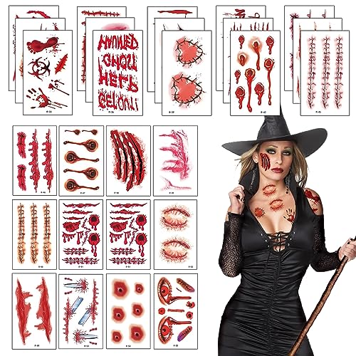 30 Blatt Halloween Tattoo,Gesicht Narben Tattoos,Wunden zum Aufkleben Halloween Schminke Blut Temporäre Tattoos Wasserdicht Horror Halloweendeko für Zombie Makeup Cosplay Party von Athem