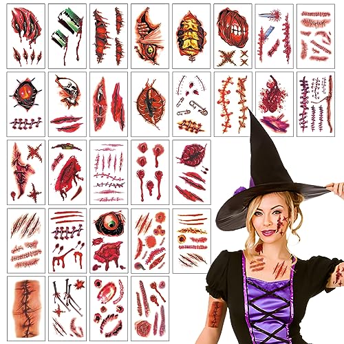 30 Blatt Halloween Tattoo,Gesicht Narben Tattoos-Halloween Schminke Blut Temporäre Tattoos Wasserdicht Horror Gefälschter Wundaufkleber Zombie Scar Makeup Tattoo Für Halloween Party Makeup Requisiten von Athem