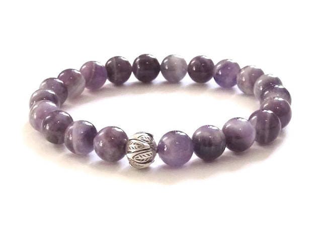 Amethyst Stein Armband Mit Sterling Silber Lotus Perle, Chevron Edelstein Mala Schmuck von AthenaisJewelryArt