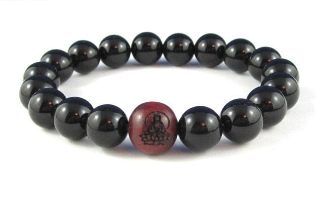 Onyx Edelsteine Mala Armband Mit Buddha Lotus Holzperle, Yoga Worry Beads von AthenaisJewelryArt