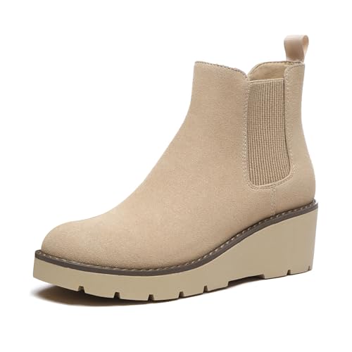 Athlefit Damen Chelsea Keilstiefel, elastische Plateausohle, Schlupfstiefeletten mit Keilabsatz, Hautfarben, 40 EU von Athlefit