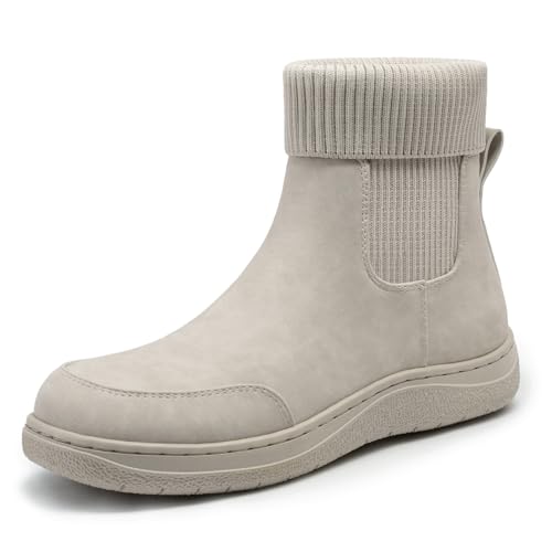 Athlefit Damen Chelsea Stiefeletten Bequeme Winter Kurze Lederstiefel Mode Slip On Elastische Socke Booties, Beige, 39 EU von Athlefit