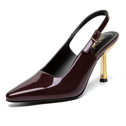 Athlefit Damen High Stiletto Slingback Heels Elegant Geschlossene Quadratische Zehen Kleid Pumps Schuhe für Braut Hochzeit Arbeit Party, Burgunder, 36 EU von Athlefit