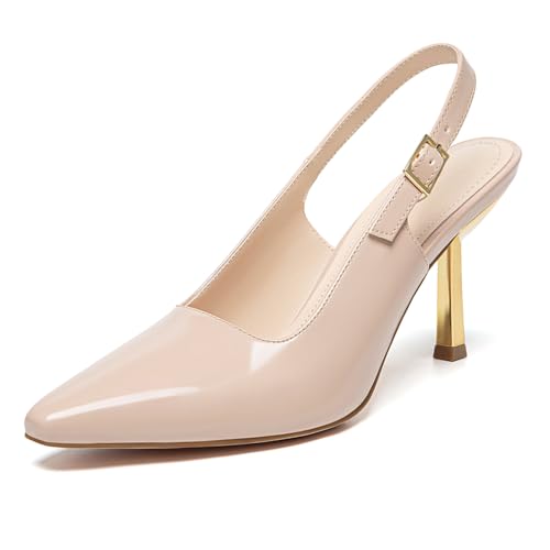 Athlefit Damen High Stiletto Slingback Heels Elegant Geschlossene Quadratische Zehen Kleid Pumps Schuhe für Braut Hochzeit Arbeit Party, Hautfarben, 37.5 EU von Athlefit
